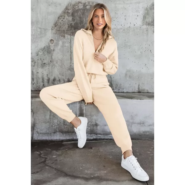 PRETTYGARDEN Womens 2 Piece Sweater Set Pullover Zip Up Sweatshirt Jogger Sweatpants Tracksuit Casual OutfitBeige