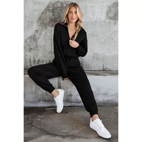 PRETTYGARDEN Womens 2 Piece Sweater Set Pullover Zip Up Sweatshirt Jogger Sweatpants Tracksuit Casual OutfitBlack