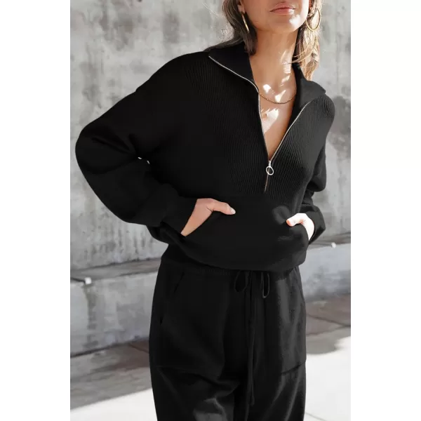 PRETTYGARDEN Womens 2 Piece Sweater Set Pullover Zip Up Sweatshirt Jogger Sweatpants Tracksuit Casual OutfitBlack
