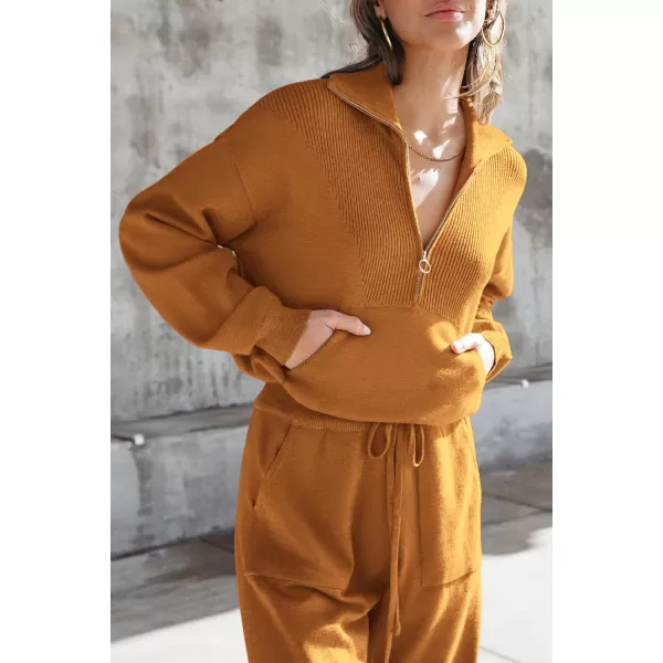 PRETTYGARDEN Womens 2 Piece Sweater Set Pullover Zip Up Sweatshirt Jogger Sweatpants Tracksuit Casual OutfitCaramel