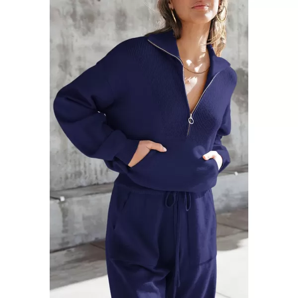 PRETTYGARDEN Womens 2 Piece Sweater Set Pullover Zip Up Sweatshirt Jogger Sweatpants Tracksuit Casual OutfitDark Blue