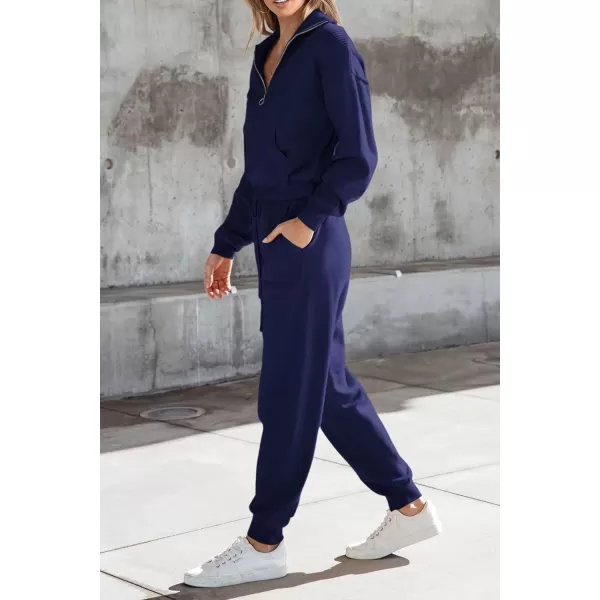 PRETTYGARDEN Womens 2 Piece Sweater Set Pullover Zip Up Sweatshirt Jogger Sweatpants Tracksuit Casual OutfitDark Blue