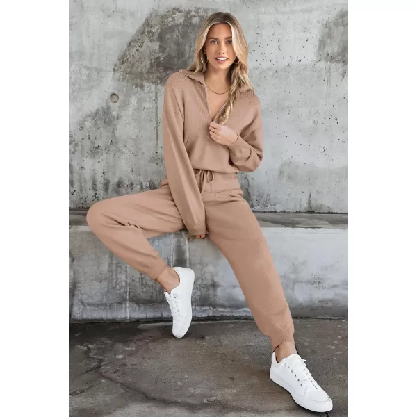 PRETTYGARDEN Womens 2 Piece Sweater Set Pullover Zip Up Sweatshirt Jogger Sweatpants Tracksuit Casual OutfitKhaki