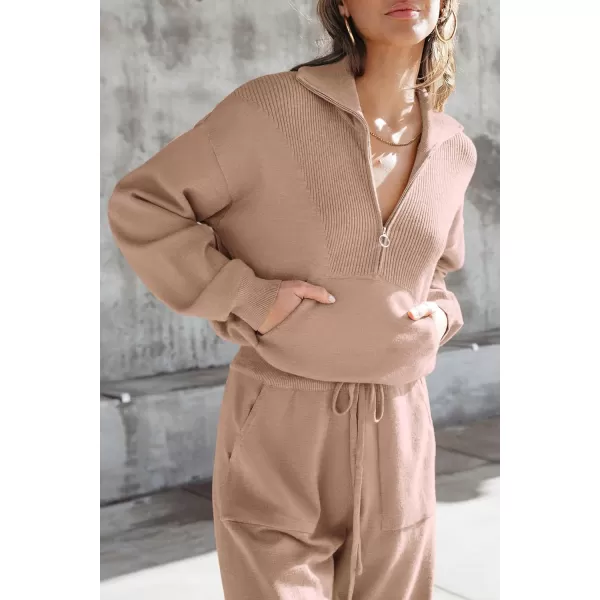 PRETTYGARDEN Womens 2 Piece Sweater Set Pullover Zip Up Sweatshirt Jogger Sweatpants Tracksuit Casual OutfitKhaki