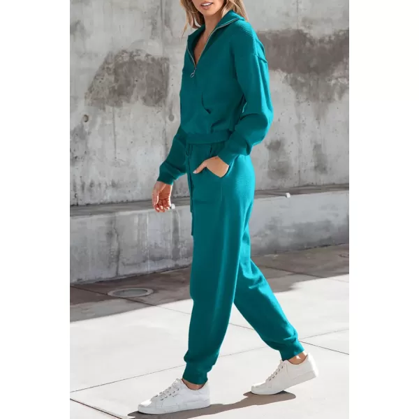 PRETTYGARDEN Womens 2 Piece Sweater Set Pullover Zip Up Sweatshirt Jogger Sweatpants Tracksuit Casual OutfitPeacock Blue