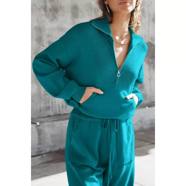PRETTYGARDEN Womens 2 Piece Sweater Set Pullover Zip Up Sweatshirt Jogger Sweatpants Tracksuit Casual OutfitPeacock Blue