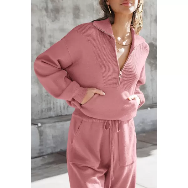 PRETTYGARDEN Womens 2 Piece Sweater Set Pullover Zip Up Sweatshirt Jogger Sweatpants Tracksuit Casual OutfitPink