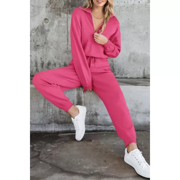 PRETTYGARDEN Womens 2 Piece Sweater Set Pullover Zip Up Sweatshirt Jogger Sweatpants Tracksuit Casual OutfitRose Red