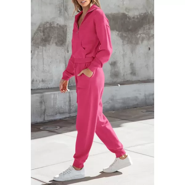 PRETTYGARDEN Womens 2 Piece Sweater Set Pullover Zip Up Sweatshirt Jogger Sweatpants Tracksuit Casual OutfitRose Red
