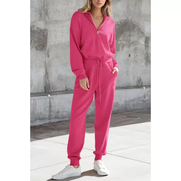 PRETTYGARDEN Womens 2 Piece Sweater Set Pullover Zip Up Sweatshirt Jogger Sweatpants Tracksuit Casual OutfitRose Red