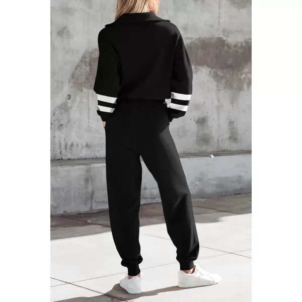 PRETTYGARDEN Womens 2 Piece Sweater Set Pullover Zip Up Sweatshirt Jogger Sweatpants Tracksuit Casual OutfitStriped Black