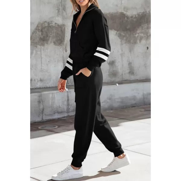 PRETTYGARDEN Womens 2 Piece Sweater Set Pullover Zip Up Sweatshirt Jogger Sweatpants Tracksuit Casual OutfitStriped Black