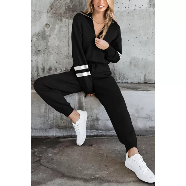 PRETTYGARDEN Womens 2 Piece Sweater Set Pullover Zip Up Sweatshirt Jogger Sweatpants Tracksuit Casual OutfitStriped Black
