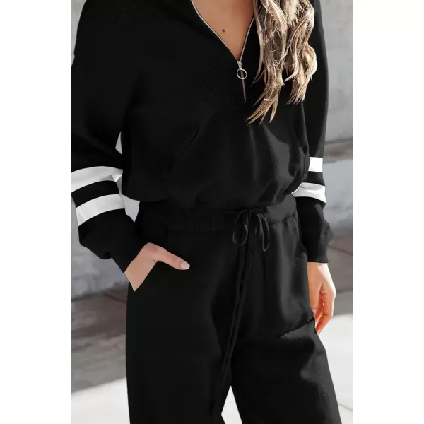 PRETTYGARDEN Womens 2 Piece Sweater Set Pullover Zip Up Sweatshirt Jogger Sweatpants Tracksuit Casual OutfitStriped Black