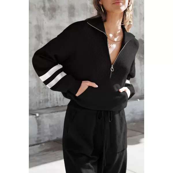 PRETTYGARDEN Womens 2 Piece Sweater Set Pullover Zip Up Sweatshirt Jogger Sweatpants Tracksuit Casual OutfitStriped Black