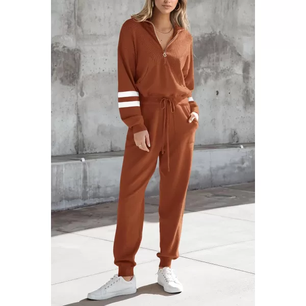 PRETTYGARDEN Womens 2 Piece Sweater Set Pullover Zip Up Sweatshirt Jogger Sweatpants Tracksuit Casual OutfitStriped Caramel