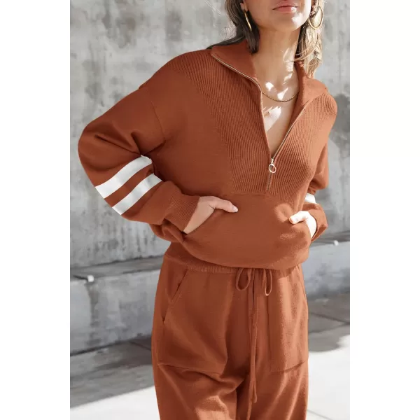 PRETTYGARDEN Womens 2 Piece Sweater Set Pullover Zip Up Sweatshirt Jogger Sweatpants Tracksuit Casual OutfitStriped Caramel