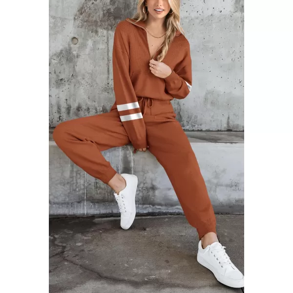 PRETTYGARDEN Womens 2 Piece Sweater Set Pullover Zip Up Sweatshirt Jogger Sweatpants Tracksuit Casual OutfitStriped Caramel