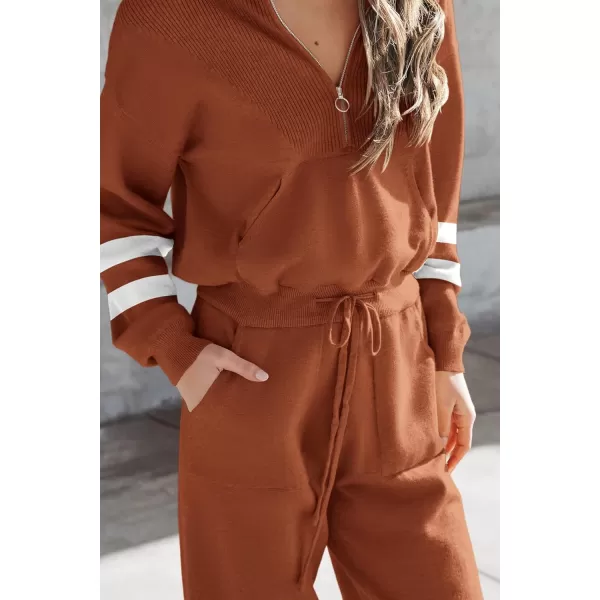 PRETTYGARDEN Womens 2 Piece Sweater Set Pullover Zip Up Sweatshirt Jogger Sweatpants Tracksuit Casual OutfitStriped Caramel