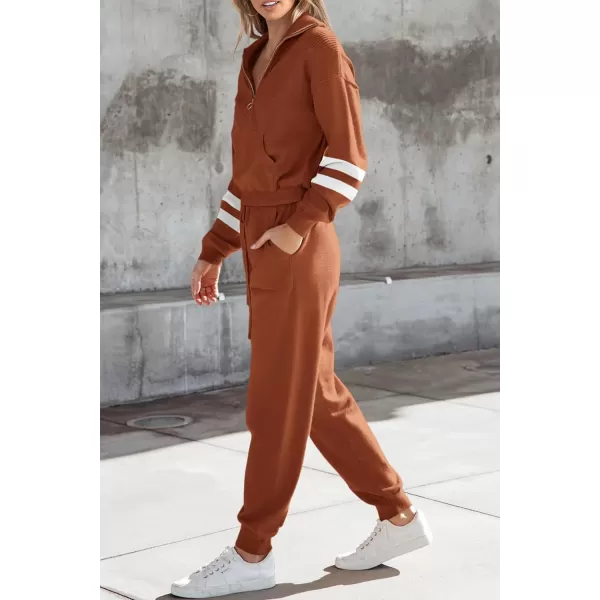 PRETTYGARDEN Womens 2 Piece Sweater Set Pullover Zip Up Sweatshirt Jogger Sweatpants Tracksuit Casual OutfitStriped Caramel
