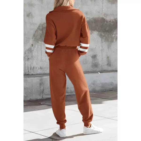 PRETTYGARDEN Womens 2 Piece Sweater Set Pullover Zip Up Sweatshirt Jogger Sweatpants Tracksuit Casual OutfitStriped Caramel