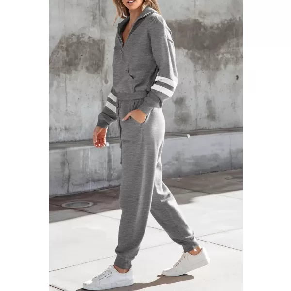 PRETTYGARDEN Womens 2 Piece Sweater Set Pullover Zip Up Sweatshirt Jogger Sweatpants Tracksuit Casual OutfitStriped Grey