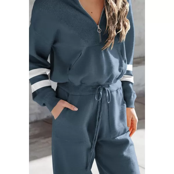 PRETTYGARDEN Womens 2 Piece Sweater Set Pullover Zip Up Sweatshirt Jogger Sweatpants Tracksuit Casual OutfitStriped Grey Blue