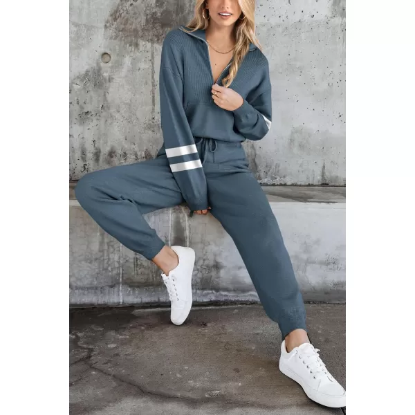 PRETTYGARDEN Womens 2 Piece Sweater Set Pullover Zip Up Sweatshirt Jogger Sweatpants Tracksuit Casual OutfitStriped Grey Blue