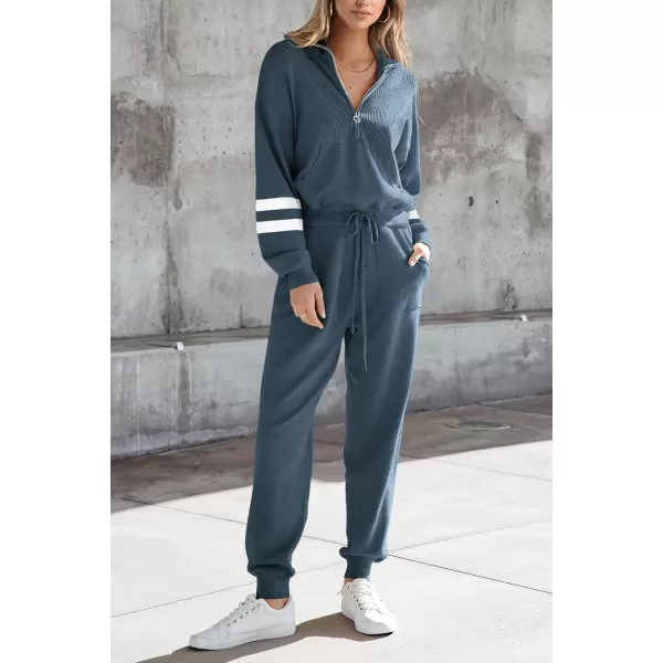 PRETTYGARDEN Womens 2 Piece Sweater Set Pullover Zip Up Sweatshirt Jogger Sweatpants Tracksuit Casual OutfitStriped Grey Blue