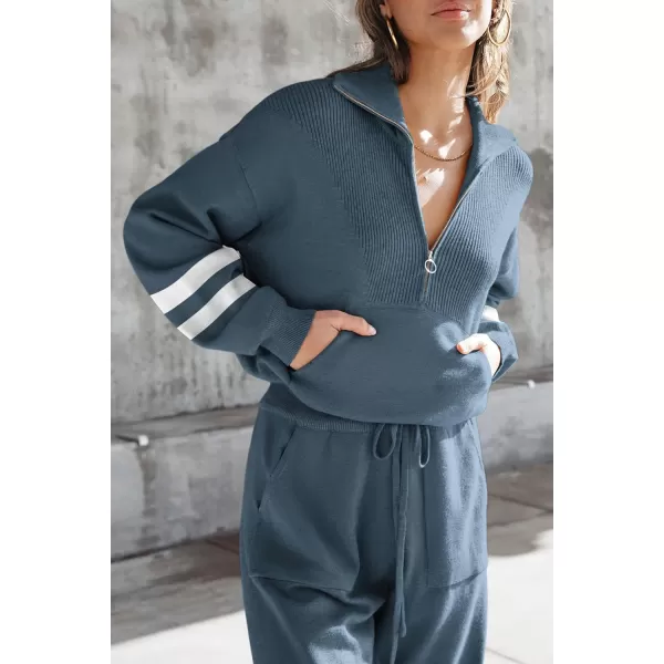 PRETTYGARDEN Womens 2 Piece Sweater Set Pullover Zip Up Sweatshirt Jogger Sweatpants Tracksuit Casual OutfitStriped Grey Blue