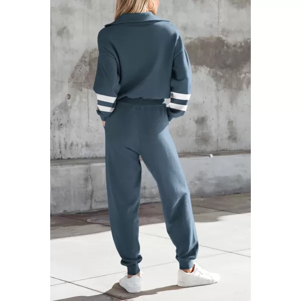 PRETTYGARDEN Womens 2 Piece Sweater Set Pullover Zip Up Sweatshirt Jogger Sweatpants Tracksuit Casual OutfitStriped Grey Blue