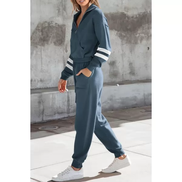 PRETTYGARDEN Womens 2 Piece Sweater Set Pullover Zip Up Sweatshirt Jogger Sweatpants Tracksuit Casual OutfitStriped Grey Blue