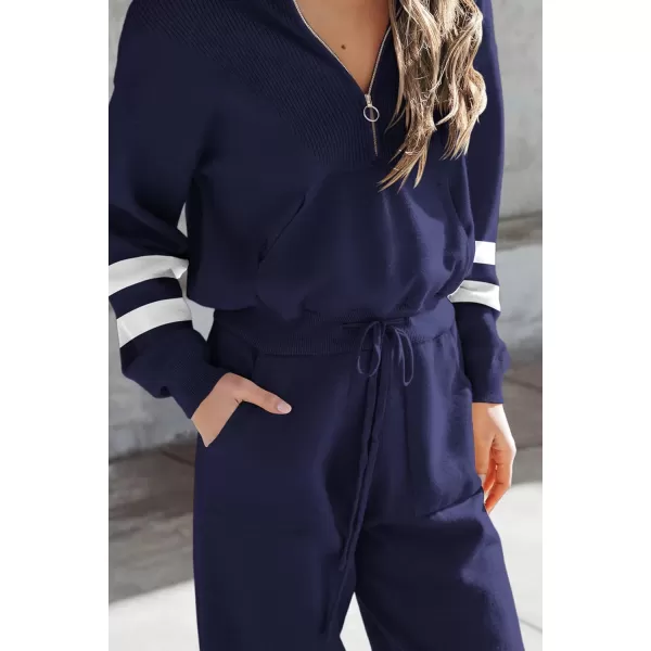 PRETTYGARDEN Womens 2 Piece Sweater Set Pullover Zip Up Sweatshirt Jogger Sweatpants Tracksuit Casual OutfitStriped Navy