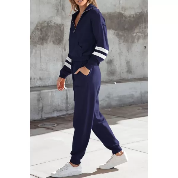 PRETTYGARDEN Womens 2 Piece Sweater Set Pullover Zip Up Sweatshirt Jogger Sweatpants Tracksuit Casual OutfitStriped Navy