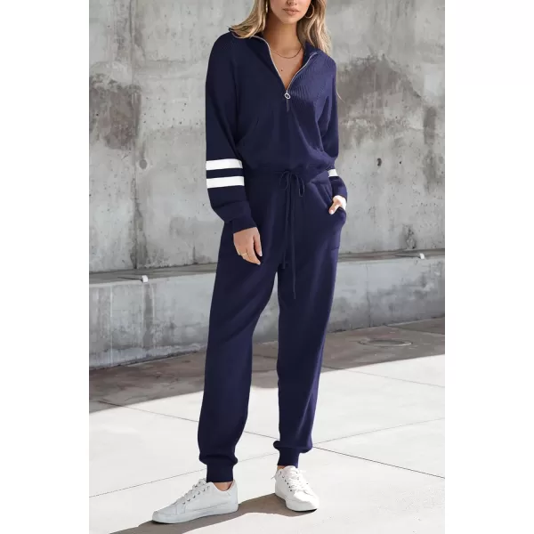 PRETTYGARDEN Womens 2 Piece Sweater Set Pullover Zip Up Sweatshirt Jogger Sweatpants Tracksuit Casual OutfitStriped Navy