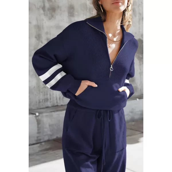 PRETTYGARDEN Womens 2 Piece Sweater Set Pullover Zip Up Sweatshirt Jogger Sweatpants Tracksuit Casual OutfitStriped Navy