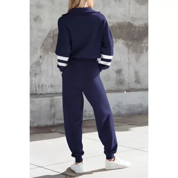 PRETTYGARDEN Womens 2 Piece Sweater Set Pullover Zip Up Sweatshirt Jogger Sweatpants Tracksuit Casual OutfitStriped Navy