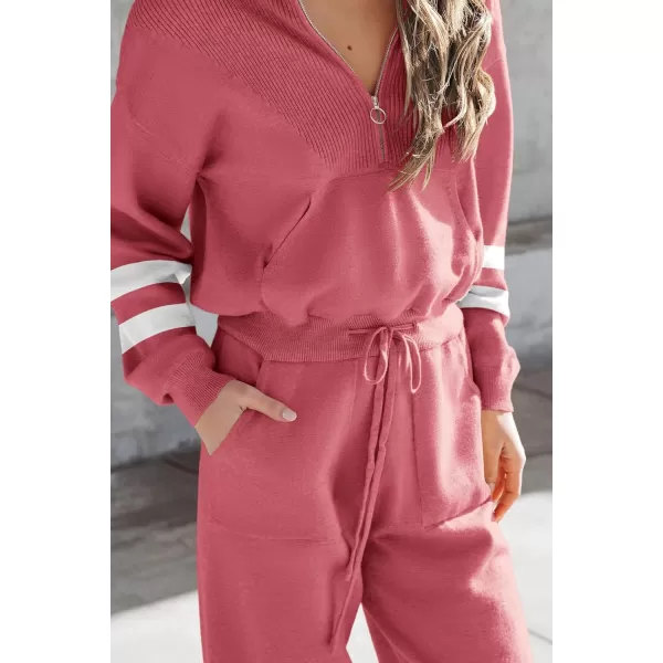 PRETTYGARDEN Womens 2 Piece Sweater Set Pullover Zip Up Sweatshirt Jogger Sweatpants Tracksuit Casual OutfitStriped Pink