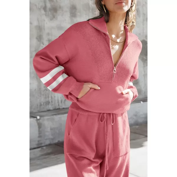 PRETTYGARDEN Womens 2 Piece Sweater Set Pullover Zip Up Sweatshirt Jogger Sweatpants Tracksuit Casual OutfitStriped Pink