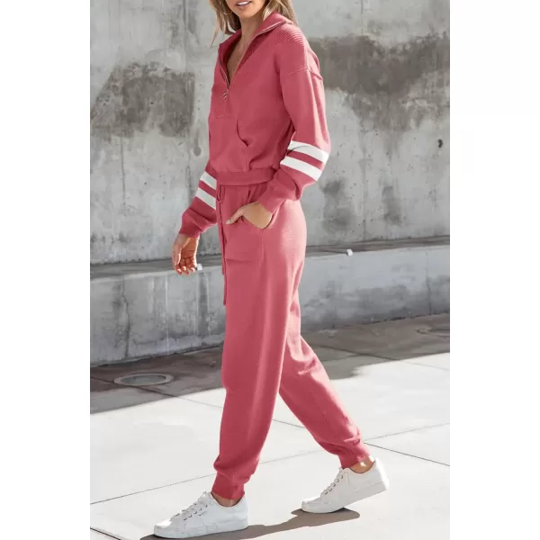PRETTYGARDEN Womens 2 Piece Sweater Set Pullover Zip Up Sweatshirt Jogger Sweatpants Tracksuit Casual OutfitStriped Pink