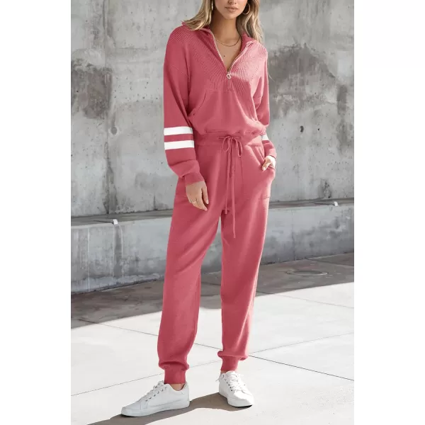 PRETTYGARDEN Womens 2 Piece Sweater Set Pullover Zip Up Sweatshirt Jogger Sweatpants Tracksuit Casual OutfitStriped Pink