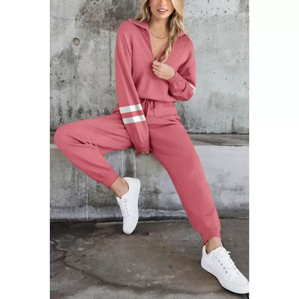PRETTYGARDEN Womens 2 Piece Sweater Set Pullover Zip Up Sweatshirt Jogger Sweatpants Tracksuit Casual OutfitStriped Pink