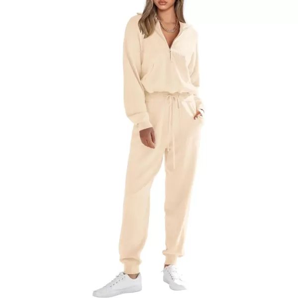 PRETTYGARDEN Womens 2 Piece Sweater Set Pullover Zip Up Sweatshirt Jogger Sweatpants Tracksuit Casual OutfitBeige