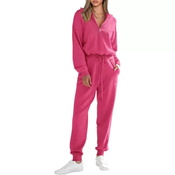 PRETTYGARDEN Womens 2 Piece Sweater Set Pullover Zip Up Sweatshirt Jogger Sweatpants Tracksuit Casual OutfitRose Red