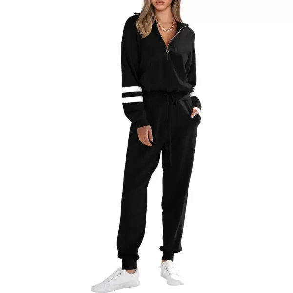 PRETTYGARDEN Womens 2 Piece Sweater Set Pullover Zip Up Sweatshirt Jogger Sweatpants Tracksuit Casual OutfitStriped Black