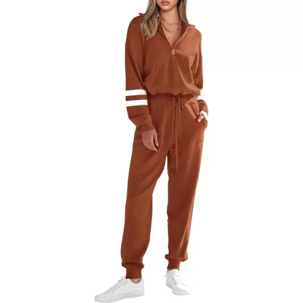 PRETTYGARDEN Womens 2 Piece Sweater Set Pullover Zip Up Sweatshirt Jogger Sweatpants Tracksuit Casual OutfitStriped Caramel