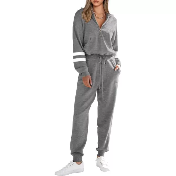 PRETTYGARDEN Womens 2 Piece Sweater Set Pullover Zip Up Sweatshirt Jogger Sweatpants Tracksuit Casual OutfitStriped Grey