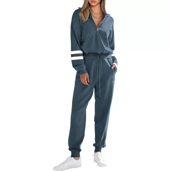 PRETTYGARDEN Womens 2 Piece Sweater Set Pullover Zip Up Sweatshirt Jogger Sweatpants Tracksuit Casual OutfitStriped Grey Blue