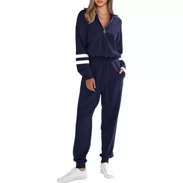 PRETTYGARDEN Womens 2 Piece Sweater Set Pullover Zip Up Sweatshirt Jogger Sweatpants Tracksuit Casual OutfitStriped Navy
