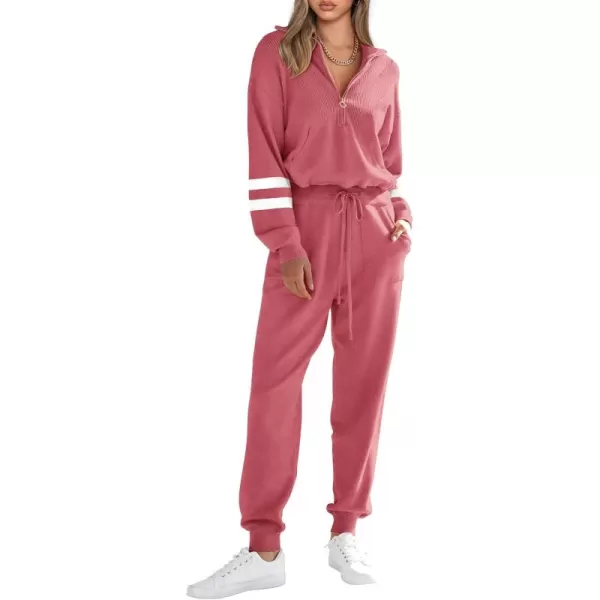 PRETTYGARDEN Womens 2 Piece Sweater Set Pullover Zip Up Sweatshirt Jogger Sweatpants Tracksuit Casual OutfitStriped Pink